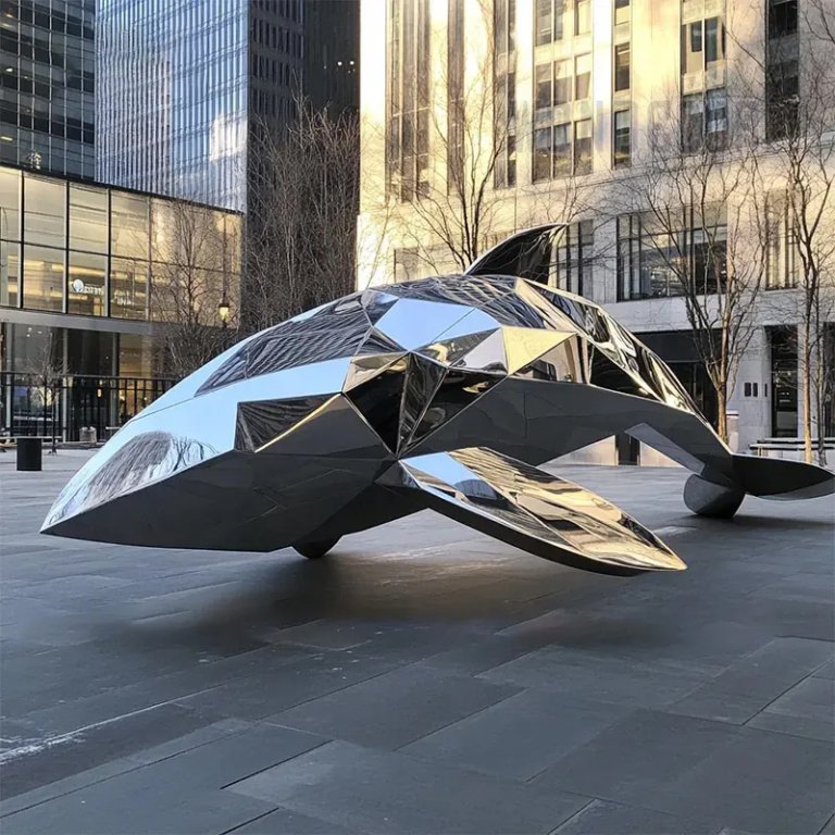 Stainless Steel Fish Sculpture with geometric design resembling a shark