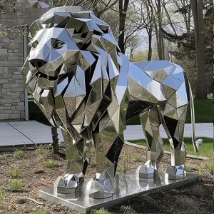 Stainless Steel Lion Sculpture with geometric faceted design
