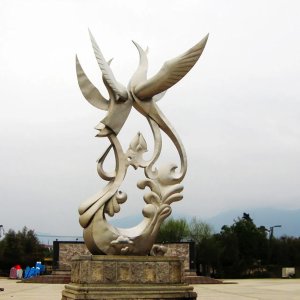 Stainless steel Phoenix Garden Statue featuring two abstract phoenixes in flight, with flowing lines and dynamic symmetry