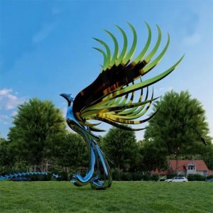 Stainless steel Phoenix Rising Statue featuring layered feathers