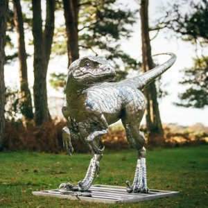 Stainless steel Velociraptor Metal Sculpture featuring realistic scale textures