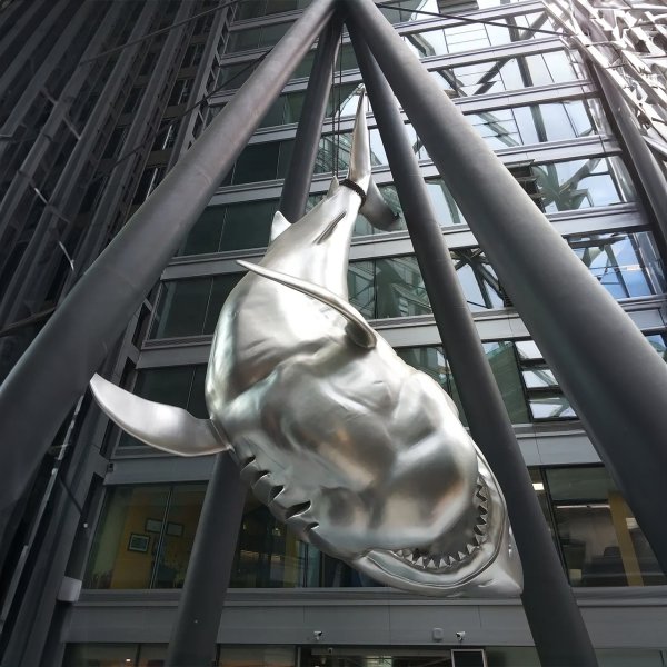 Stainless steel metal hanging shark sculpture