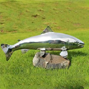 stainless steel Metal Salmon Sculpture with realistic fins and tail details
