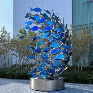 stainless steel Shoal of Fish Sculpture with blue gradient fish elements