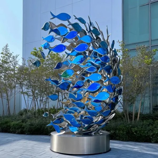 stainless steel Shoal of Fish Sculpture with blue gradient fish elements