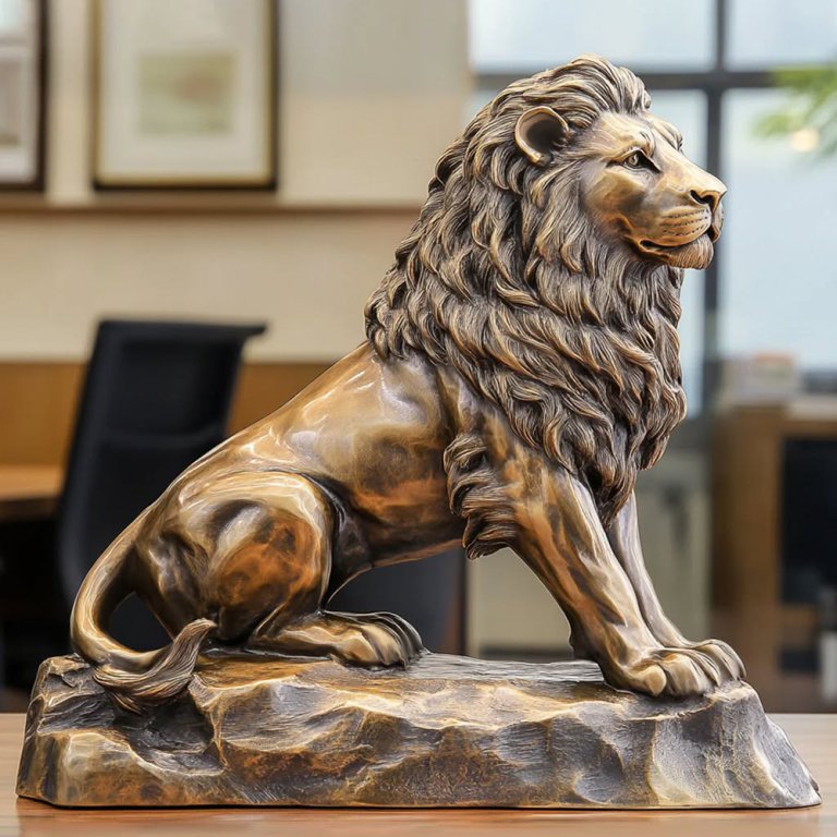 Antique Bronze Lion Statue with detailed mane and majestic seated posture.