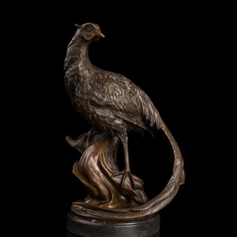Bronze Pheasant Statue perched on simple base, detailed feather texture and long tail gracefully flowing