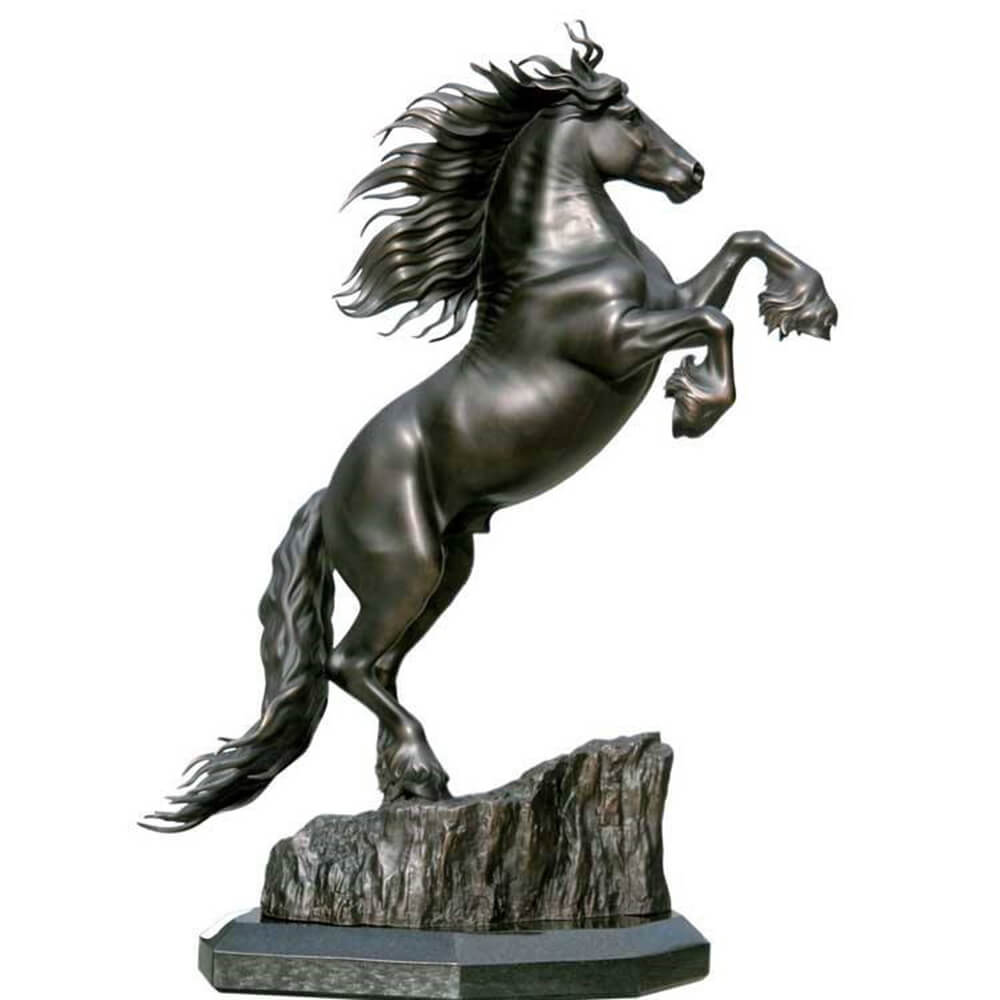 Bronze Rearing Horse Figurine standing on rock base