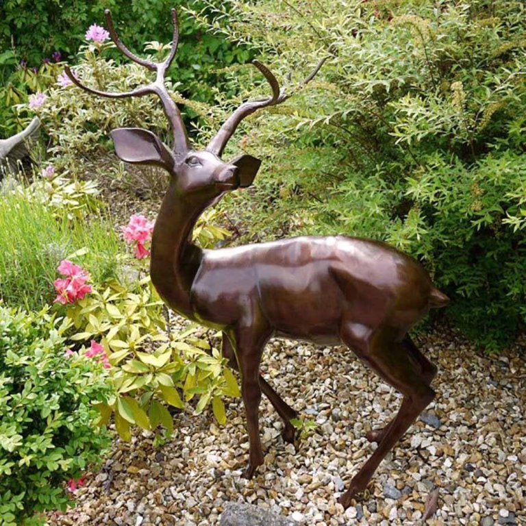 Bronze Stag Sculpture for Garden showing a lifelike red deer with elegant antlers.