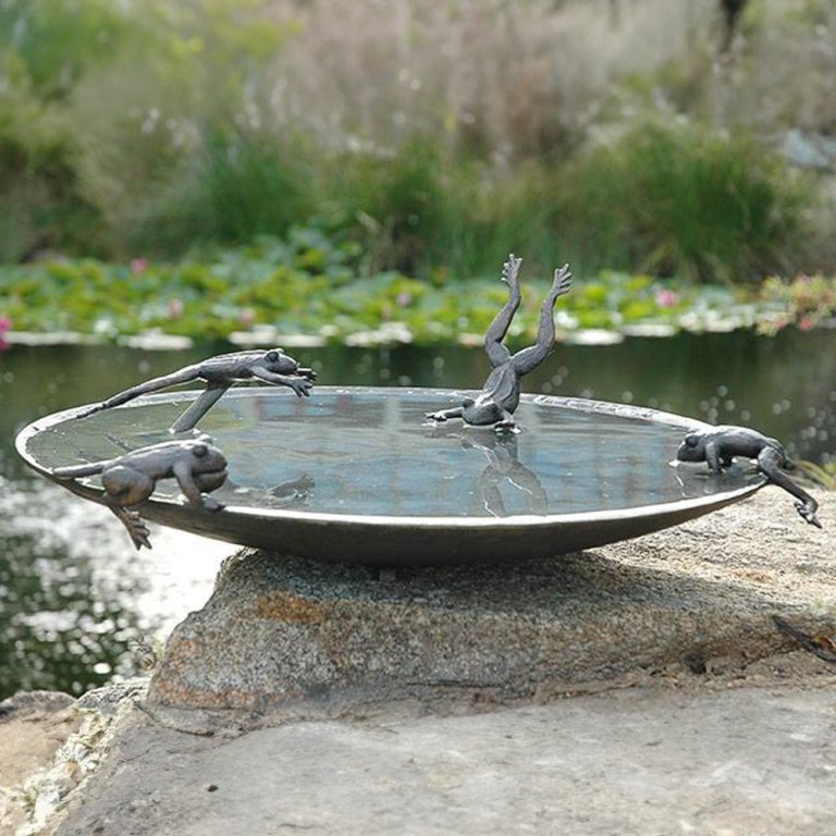 Frog Bird Bath Bowl bronze sculpture with playful frogs around the edge
