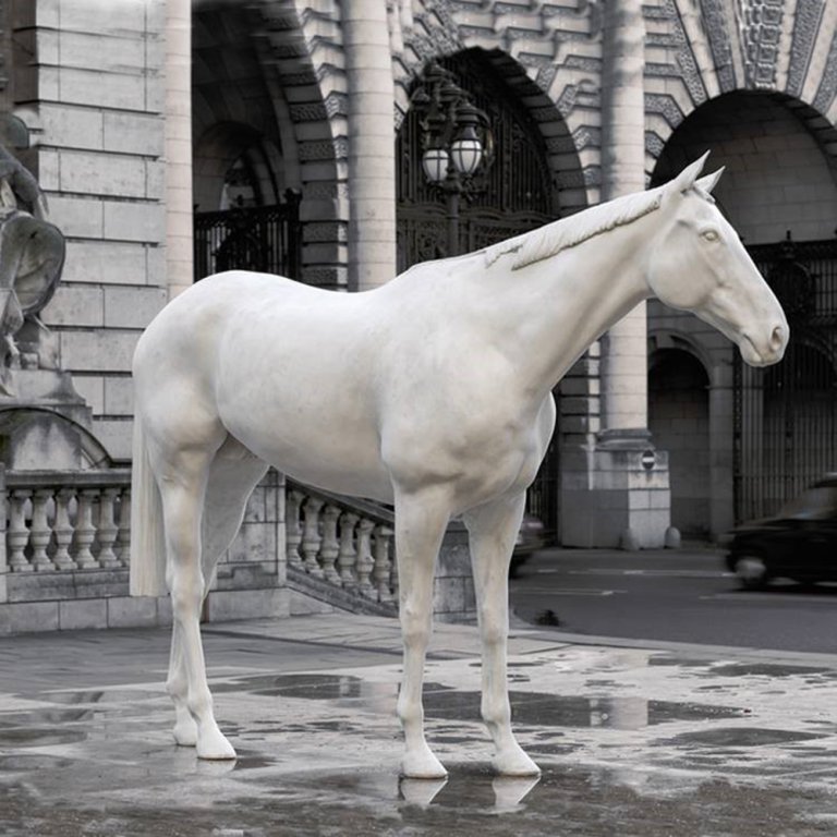 Horse Statue White fiberglass artwork in public space, a realistic horse sculpture with detailed body structure