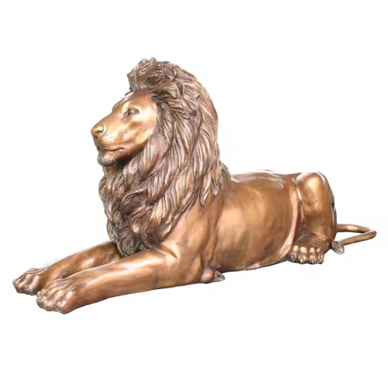 Majestic Lion Statue in bronze depicting a resting African lion with detailed mane