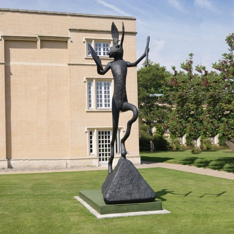 Outdoor Hare Sculpture in bronze titled Large Left-Handed Drummer