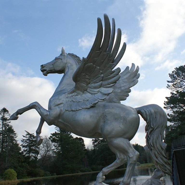 Outdoor bronze Winged Horse Sculpture depicting Pegasus rearing with detailed wings