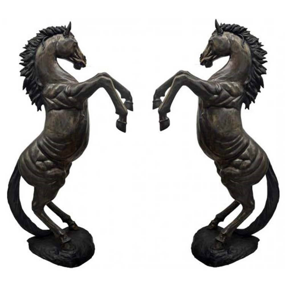 Pair of bronze Rearing Horse Figurine sculptures with detailed muscles and flowing mane,