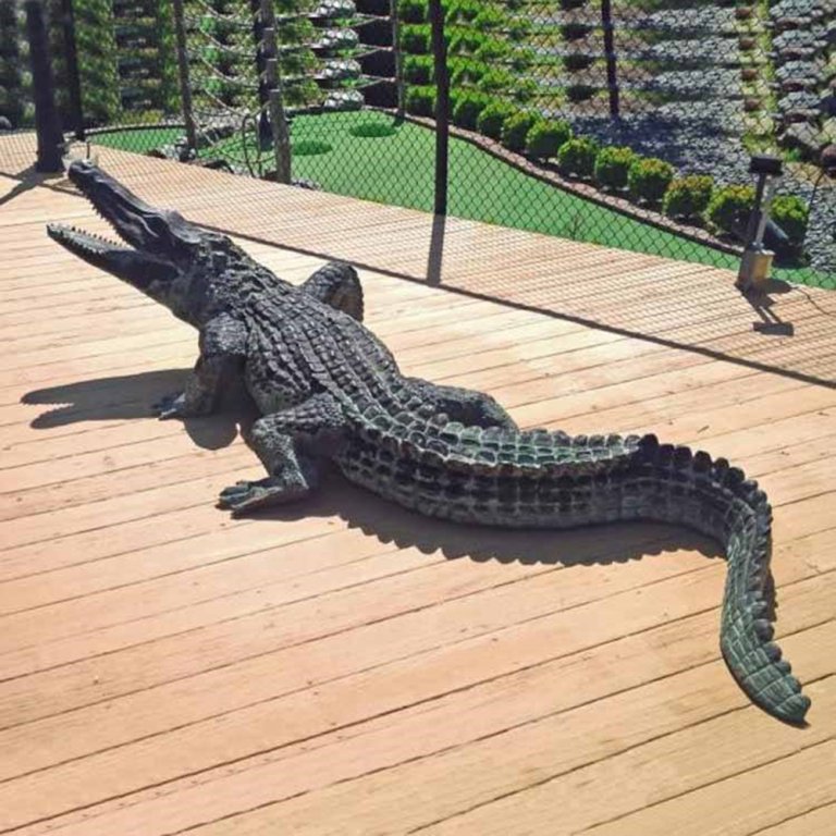 Realistic bronze Alligator Yard Statue displayed outdoors with detailed scales and open mouth