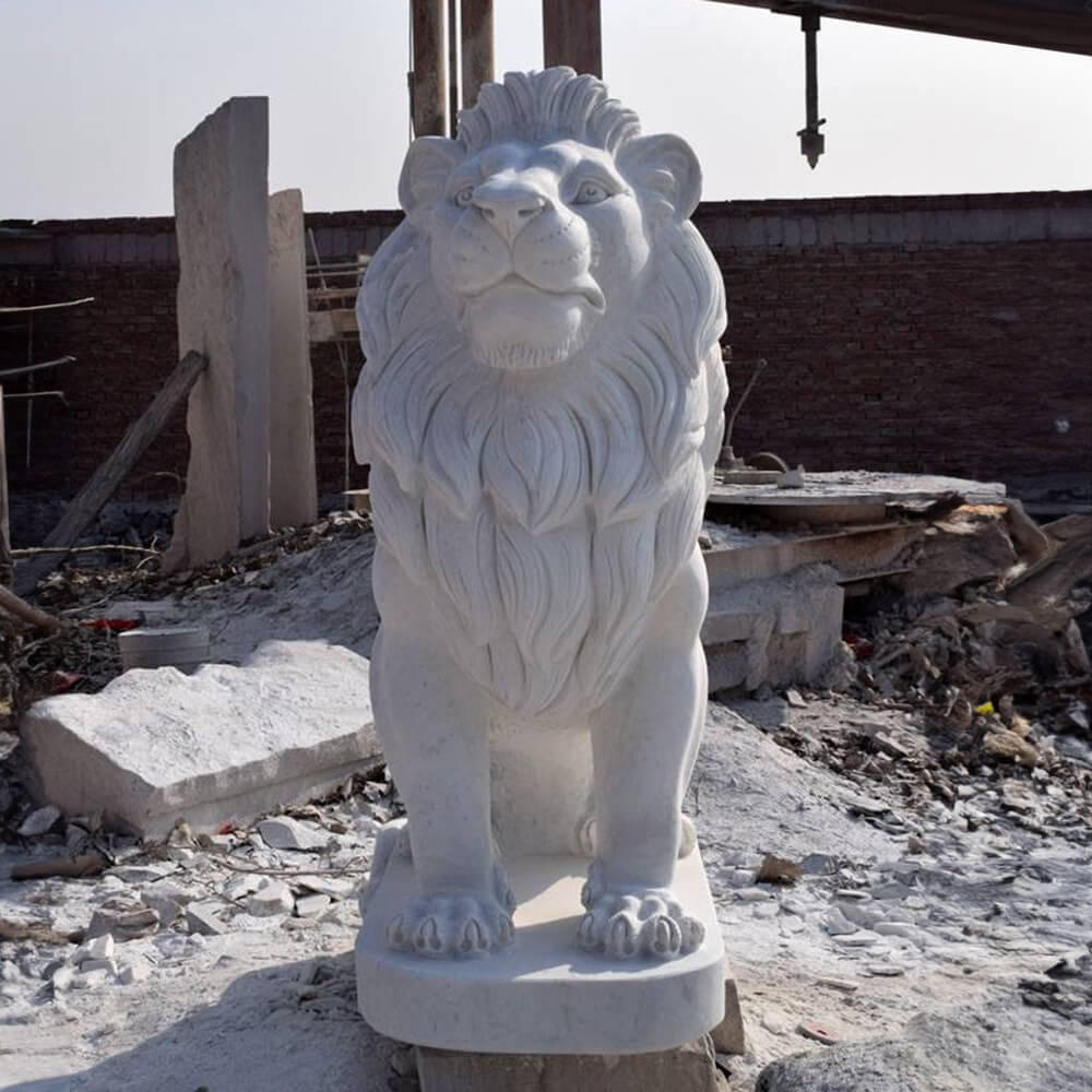 marble Outdoor Stone Lion Statue sitting with detailed carved mane